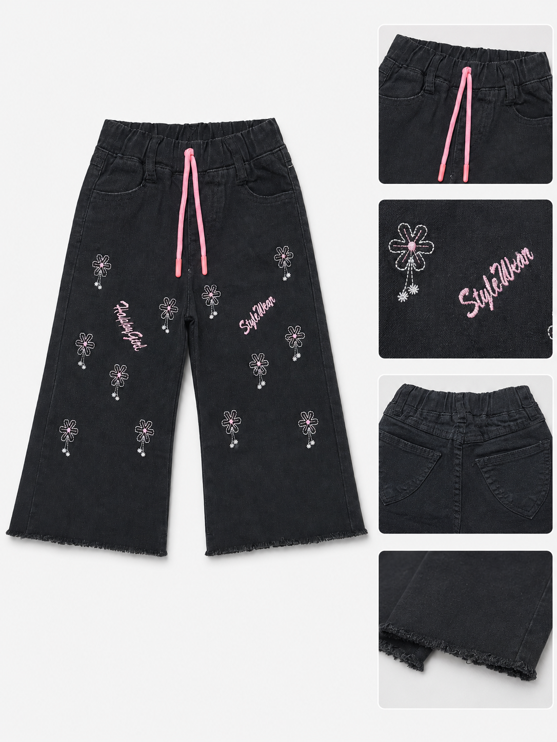 Girls Embroidered Wide-Leg Black Baggy Jeans with Pink Drawstring
