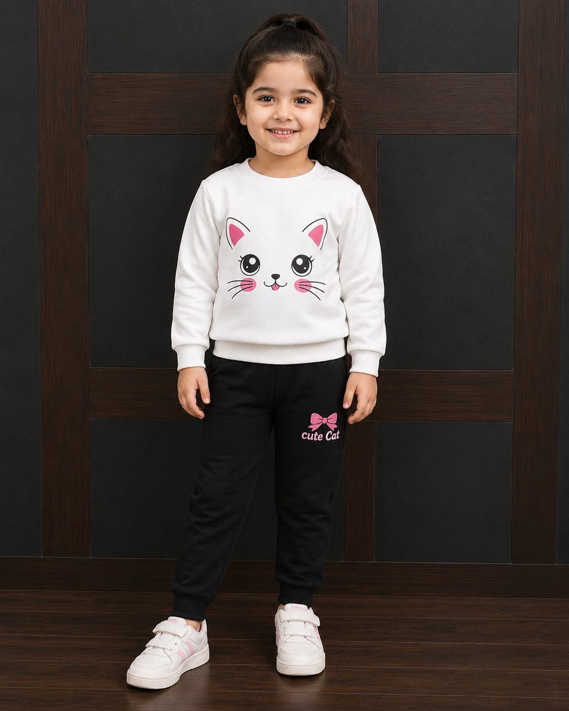 Cute Cat Girls’ Winter Tracksuit – White & Black