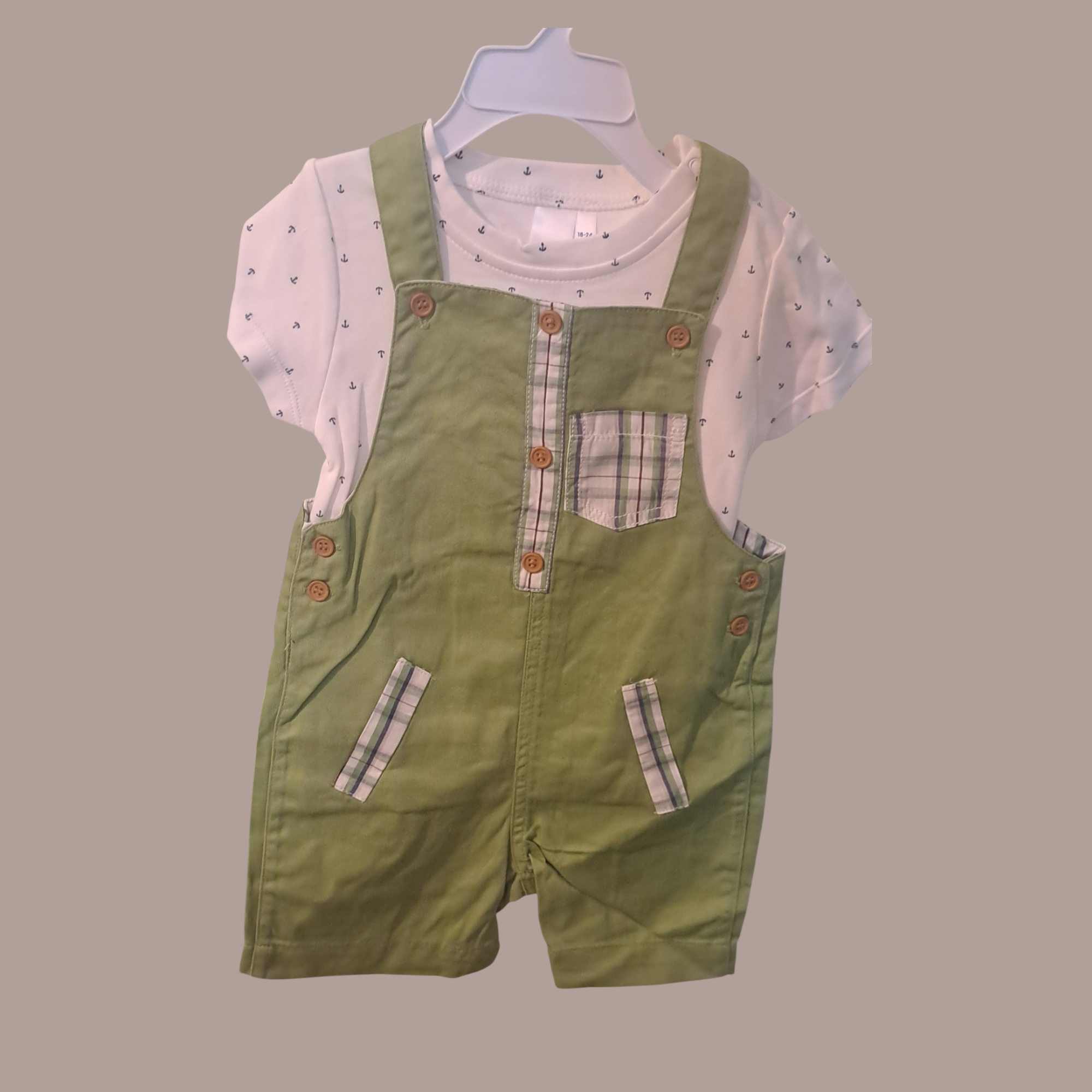 Green Strap Dungaree with white Multi doted Shirt