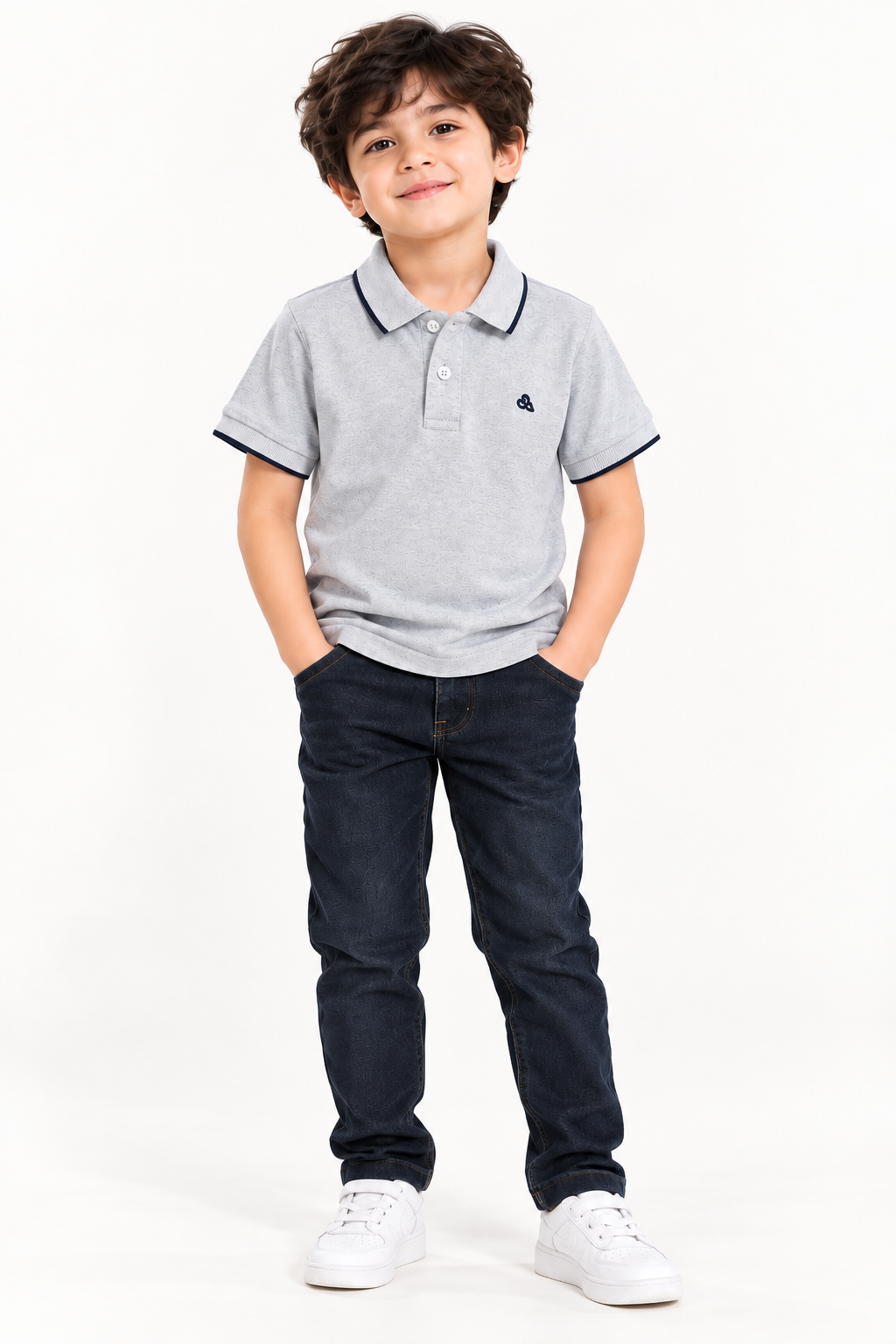 Grey Kids Polo Shirt with Navy Trim