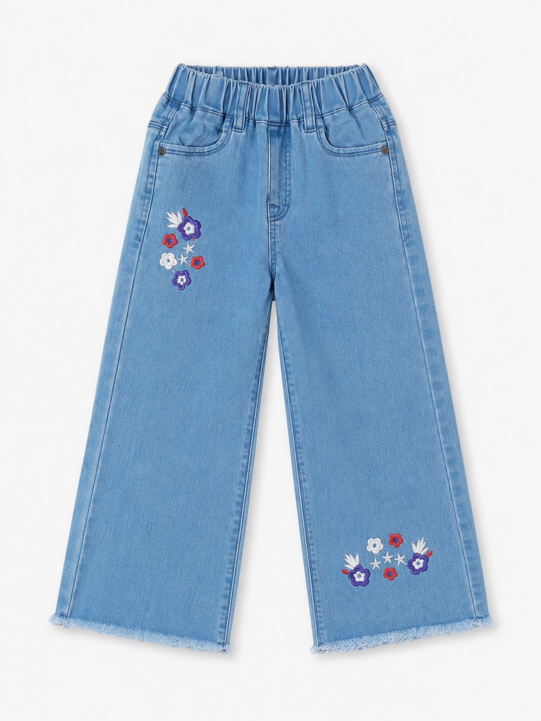 Girls Floral Embroidered Wide Leg Denim Jeans