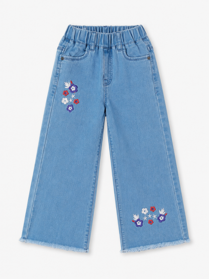 Girls Floral Embroidered Wide Leg Denim Jeans