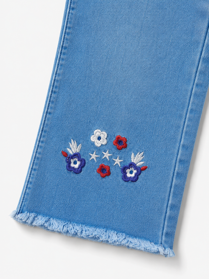 Girls Floral Embroidered Wide Leg Denim Jeans