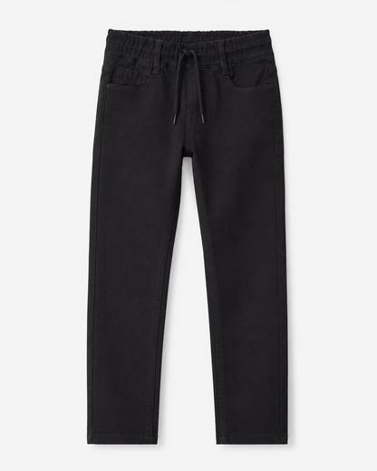 Boys Black Stretch Pants with Elastic Waist & Drawstring