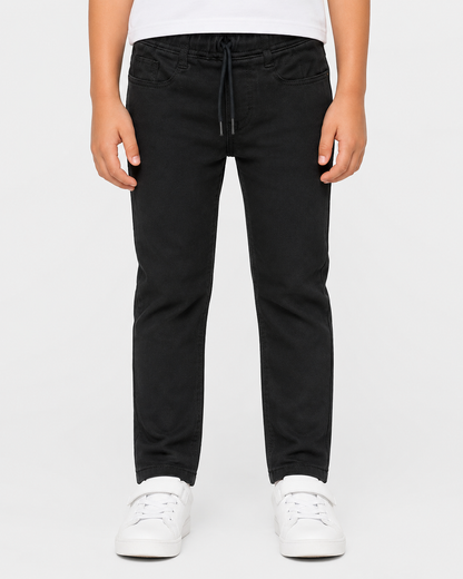Boys Black Stretch Pants with Elastic Waist & Drawstring