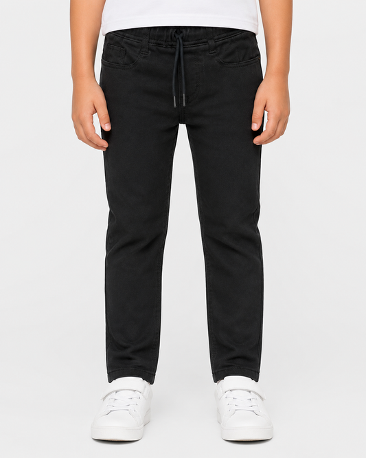 Boys Black Stretch Pants with Elastic Waist & Drawstring