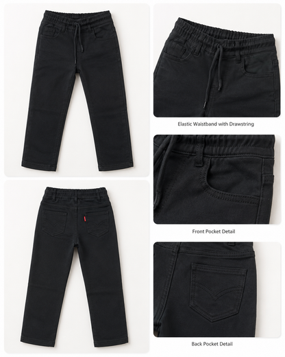 Boys Black Stretch Pants with Elastic Waist & Drawstring