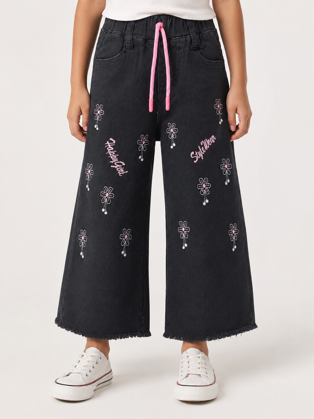 Girls Embroidered Wide-Leg Black Baggy Jeans with Pink Drawstring
