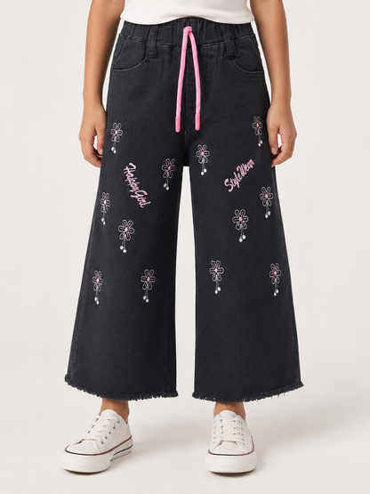 Girls Embroidered Wide-Leg Black Baggy Jeans with Pink Drawstring
