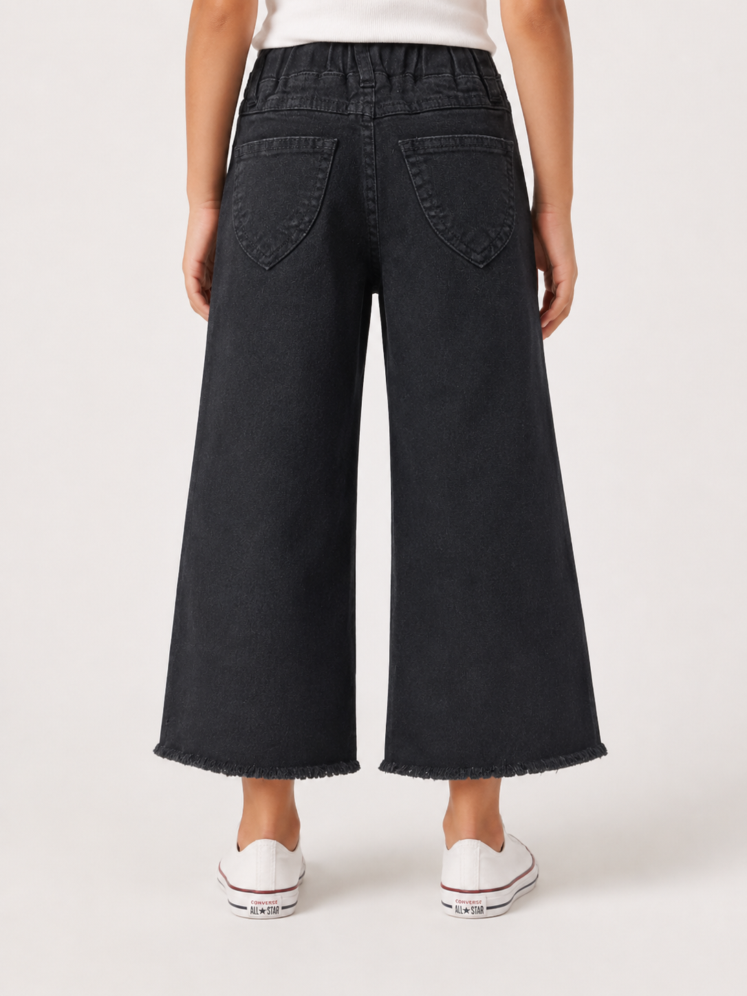 Girls Embroidered Wide-Leg Black Baggy Jeans with Pink Drawstring