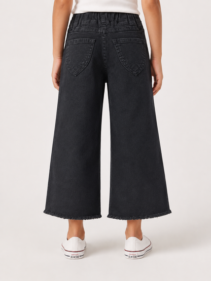 Girls Embroidered Wide-Leg Black Baggy Jeans with Pink Drawstring