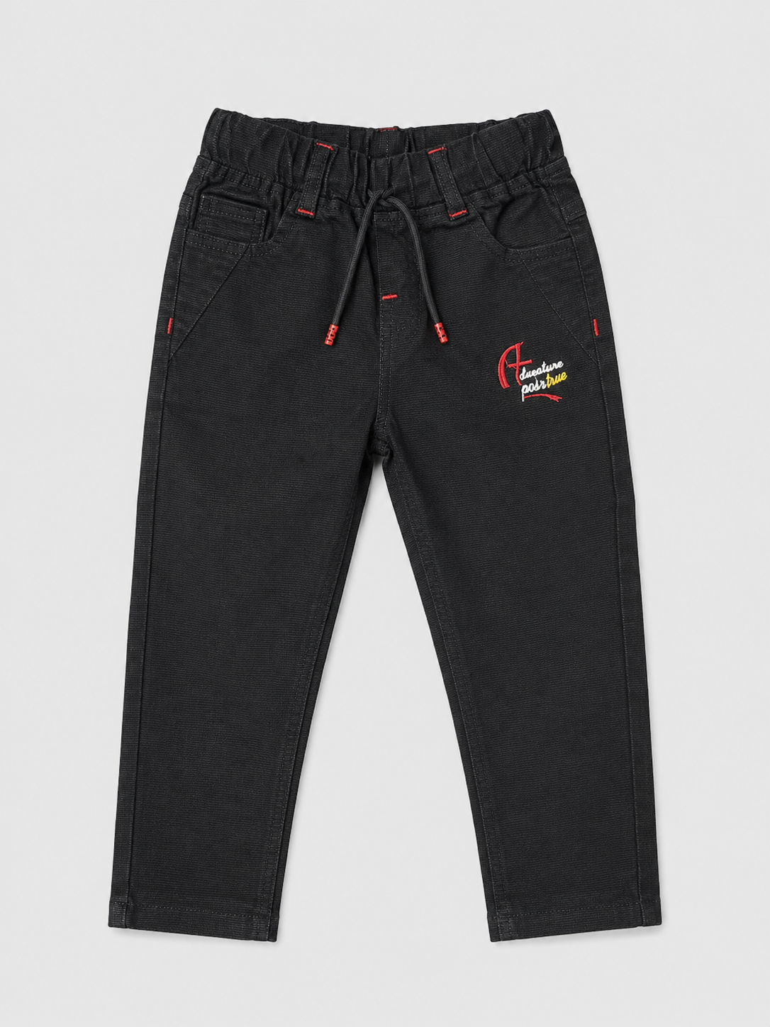 Kids Black Casual Trouser with Drawstring & Embroidered Detail
