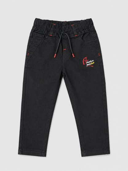 Kids Black Casual Trouser with Drawstring & Embroidered Detail