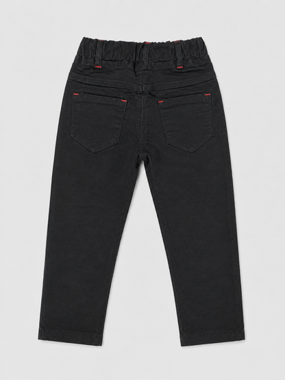 Kids Black Casual Trouser with Drawstring & Embroidered Detail