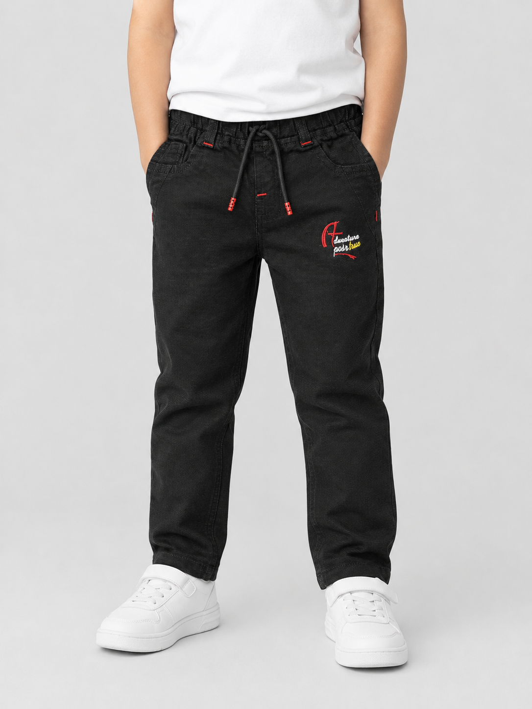 Kids Black Casual Trouser with Drawstring & Embroidered Detail