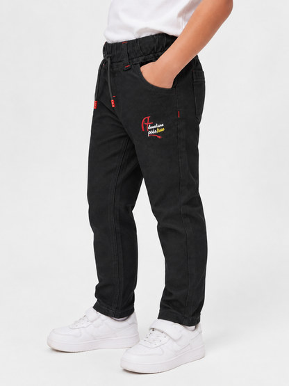 Kids Black Casual Trouser with Drawstring & Embroidered Detail