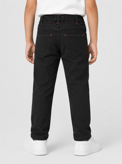 Kids Black Casual Trouser with Drawstring & Embroidered Detail