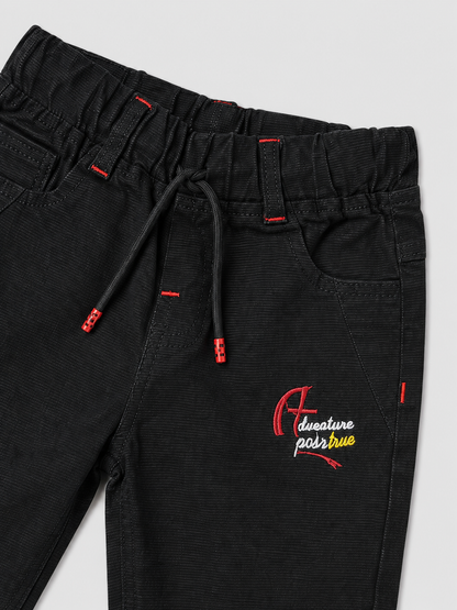 Kids Black Casual Trouser with Drawstring & Embroidered Detail