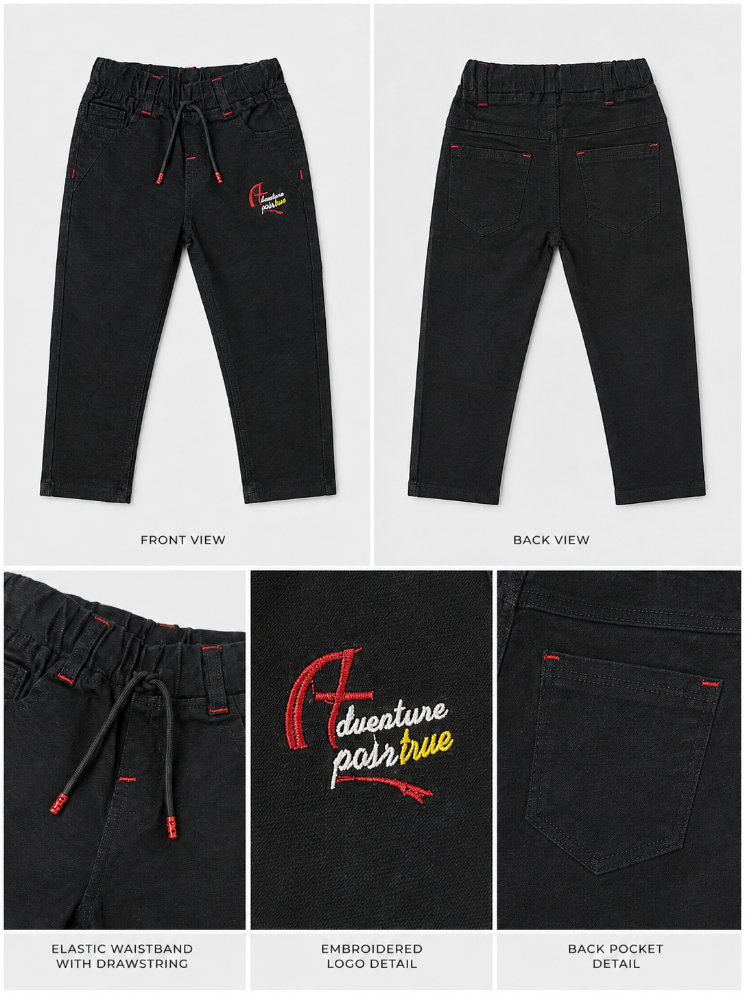 Kids Black Casual Trouser with Drawstring & Embroidered Detail