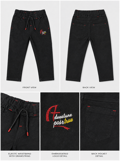 Kids Black Casual Trouser with Drawstring & Embroidered Detail