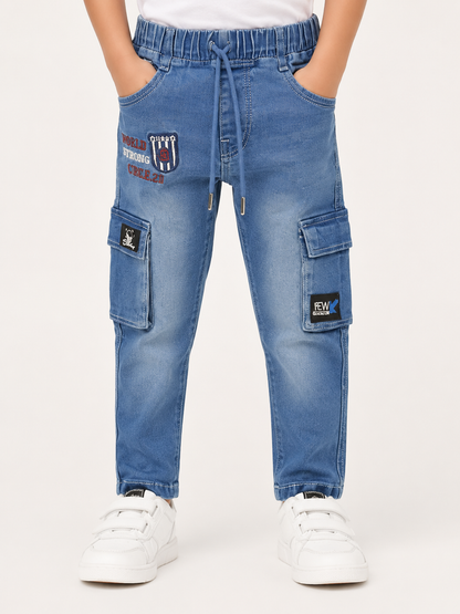 Kids Blue Denim Cargo Jogger Pants – Elastic Waist & Utility Pockets