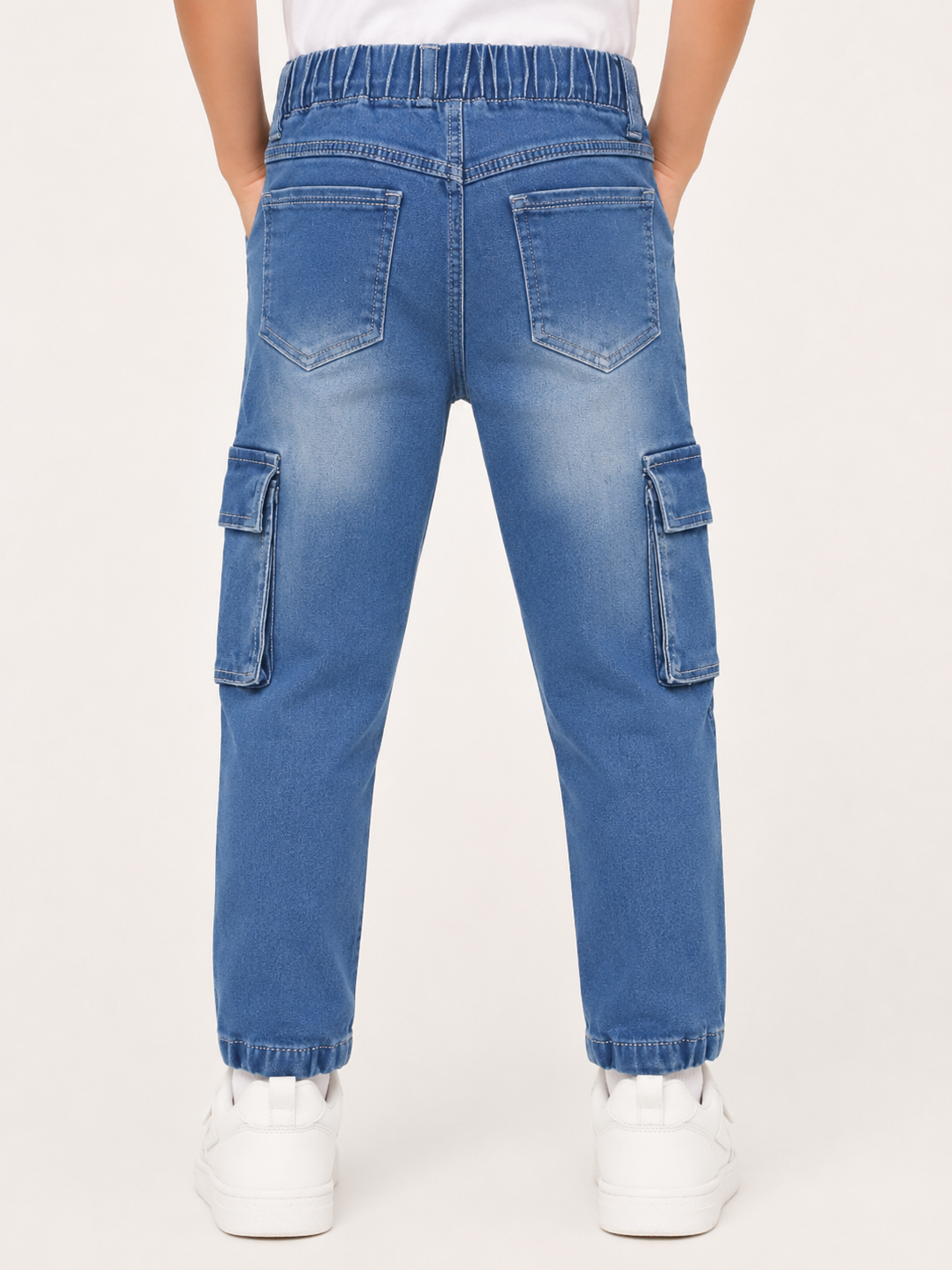 Kids Blue Denim Cargo Jogger Pants – Elastic Waist & Utility Pockets