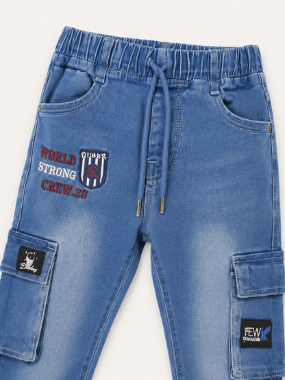 Kids Blue Denim Cargo Jogger Pants – Elastic Waist & Utility Pockets