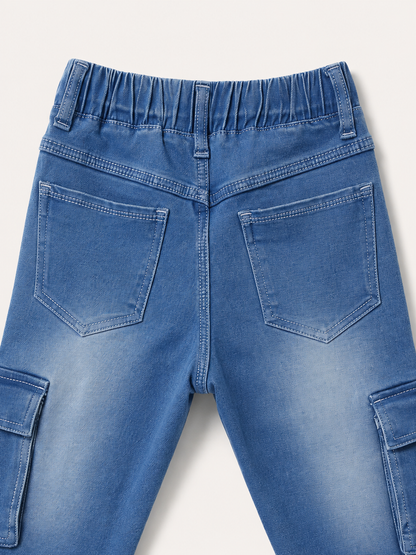 Kids Blue Denim Cargo Jogger Pants – Elastic Waist & Utility Pockets