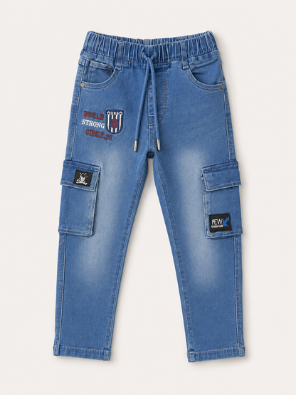 Kids Blue Denim Cargo Jogger Pants – Elastic Waist & Utility Pockets