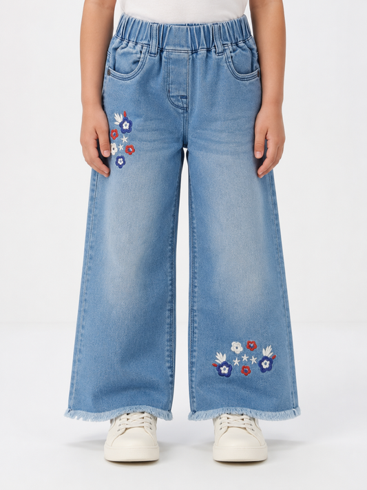 Girls Light Blue Floral Embroidered Wide-Leg Jeans