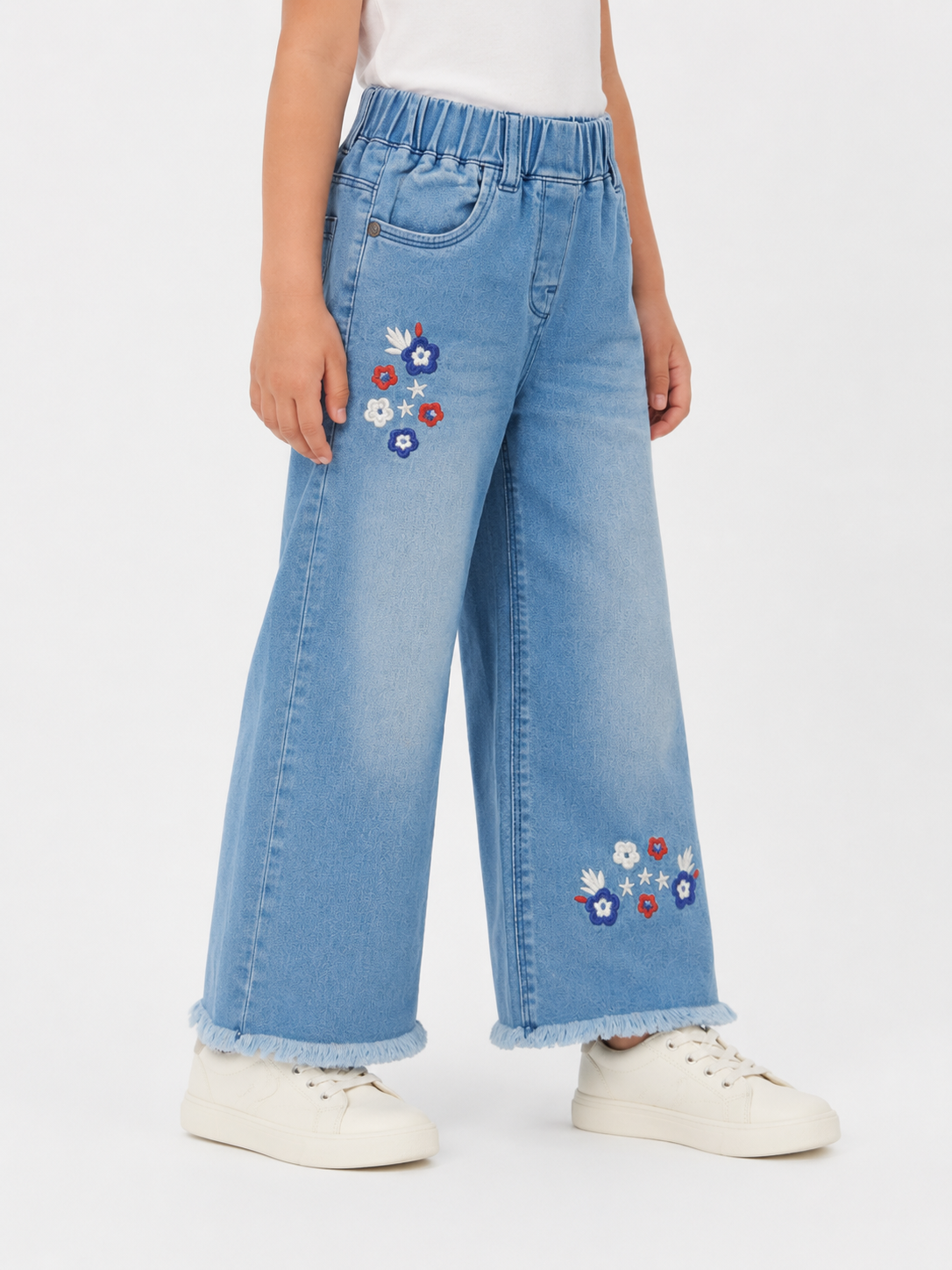Girls Light Blue Floral Embroidered Wide-Leg Jeans
