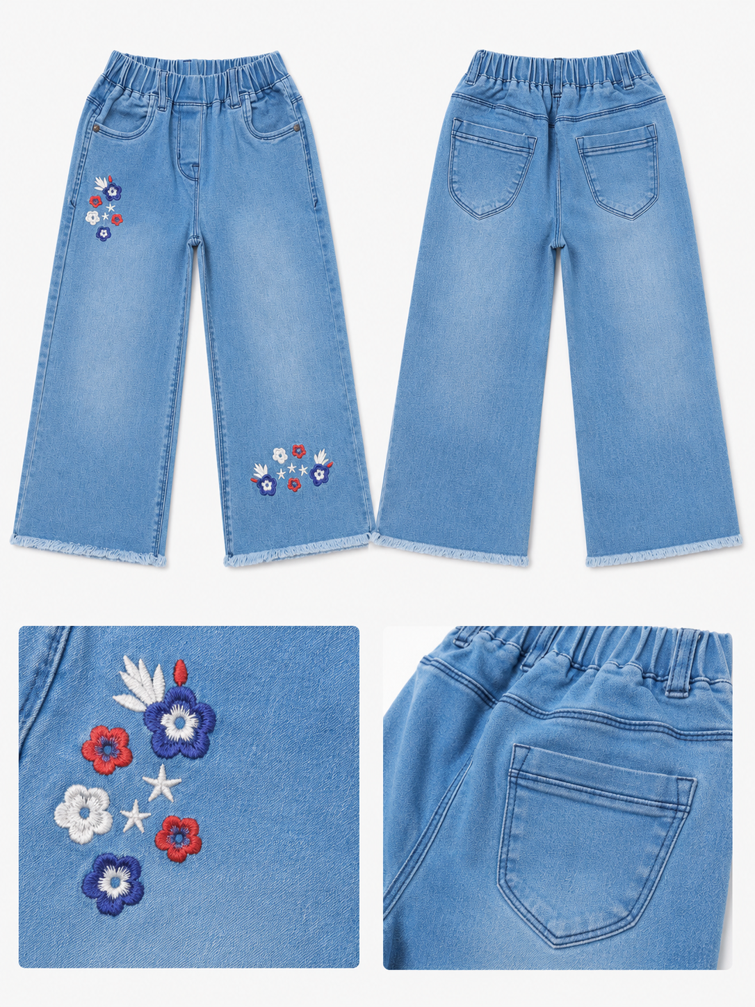 Girls Light Blue Floral Embroidered Wide-Leg Jeans