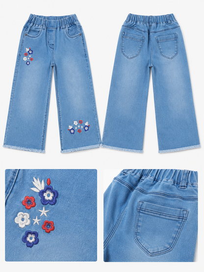 Girls Light Blue Floral Embroidered Wide-Leg Jeans