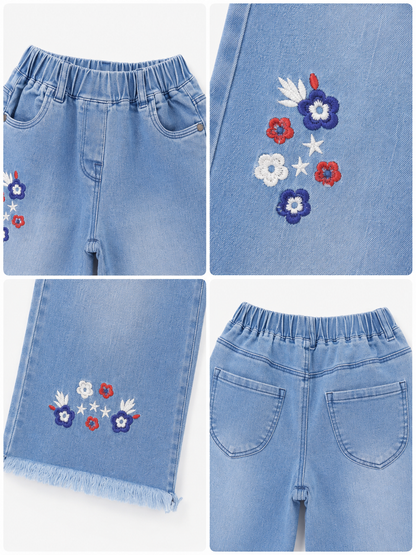 Girls Light Blue Floral Embroidered Wide-Leg Jeans