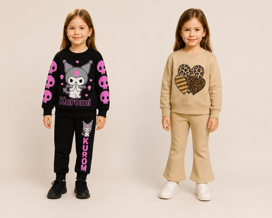 Girls Winter Tracksuit Bundle – Kuromi Black & Pink + Beige Heart Set