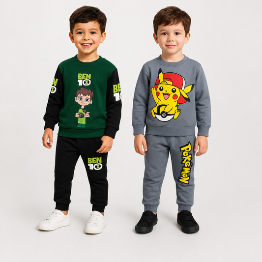 Kids Cartoon Winter Tracksuit Bundle – 2 Piece Ben 10 & Pokémon Sets