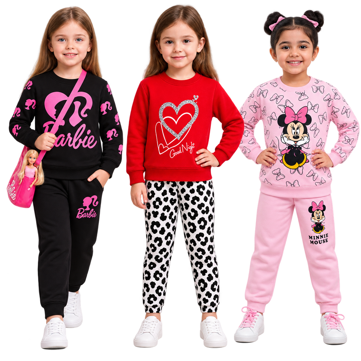 Girls’ Winter Tracksuit Bundle – Barbie, Heart Print & Minnie Mouse Sets