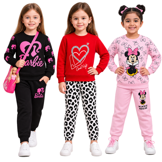 Girls’ Winter Tracksuit Bundle – Barbie, Heart Print & Minnie Mouse Sets