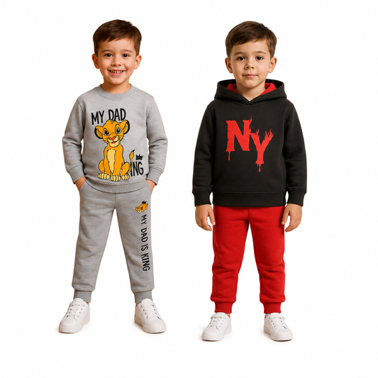 Boys’ Winter 2-in-1 Tracksuit Bundle – Grey Lion &  Navy Red Hoodie Sets