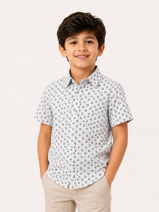 Boys White Printed Short Sleeve Shirt