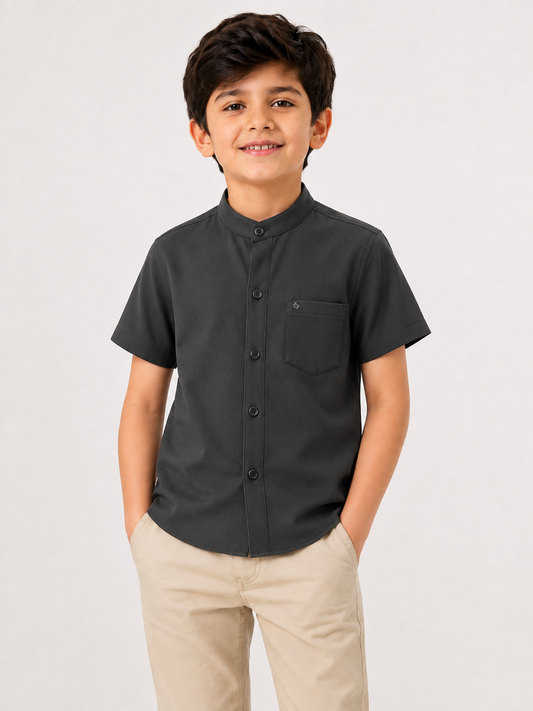 Kids Boys Short Sleeve Mandarin Collar Shirt – Dark Grey