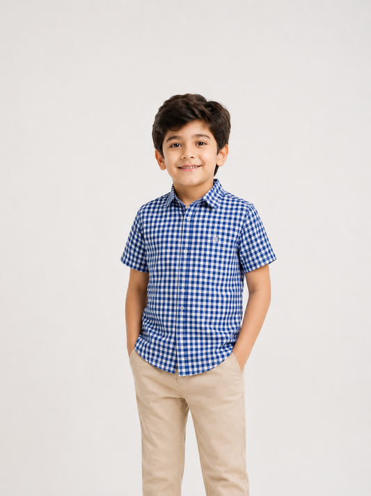 Boys' Blue Gingham Cotton Shirt