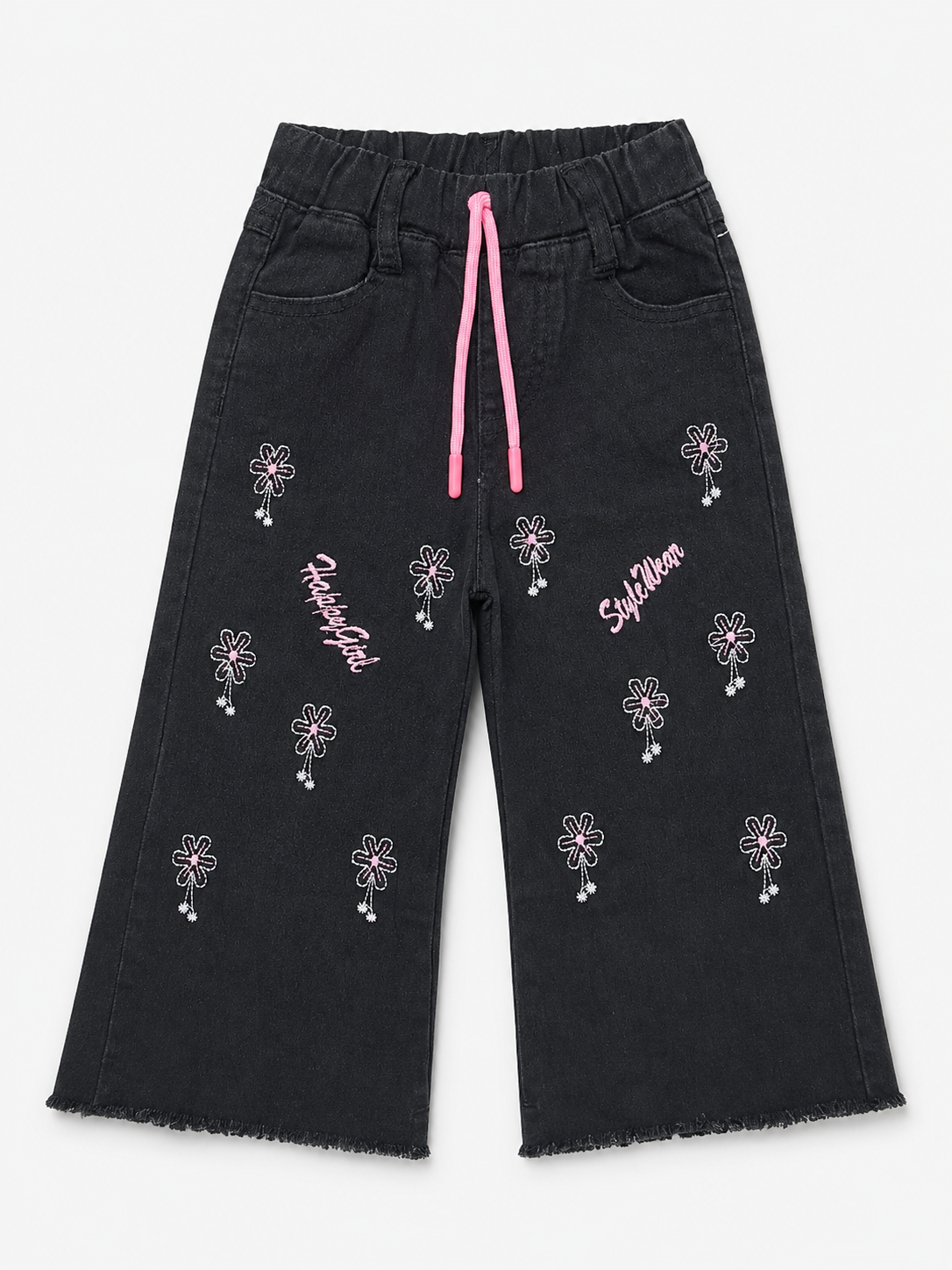 Girls Embroidered Wide-Leg Black Baggy Jeans with Pink Drawstring