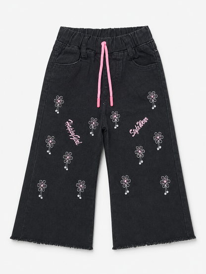 Girls Embroidered Wide-Leg Black Baggy Jeans with Pink Drawstring