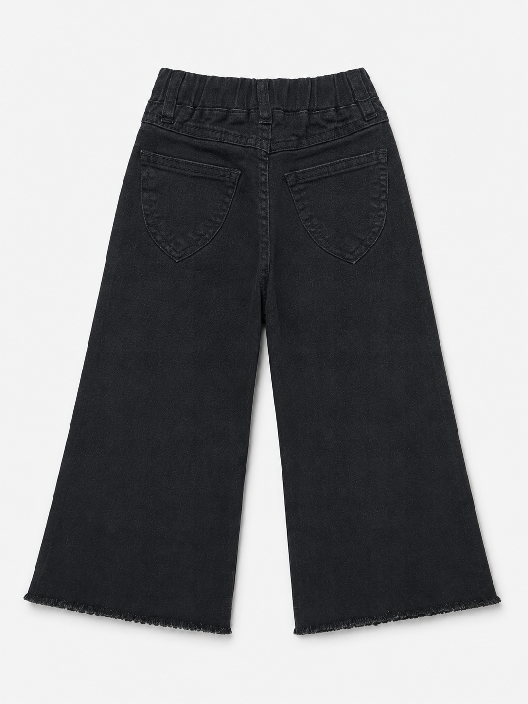 Girls Embroidered Wide-Leg Black Baggy Jeans with Pink Drawstring