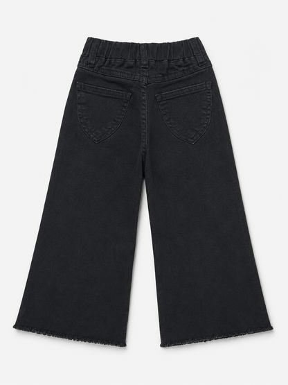 Girls Embroidered Wide-Leg Black Baggy Jeans with Pink Drawstring
