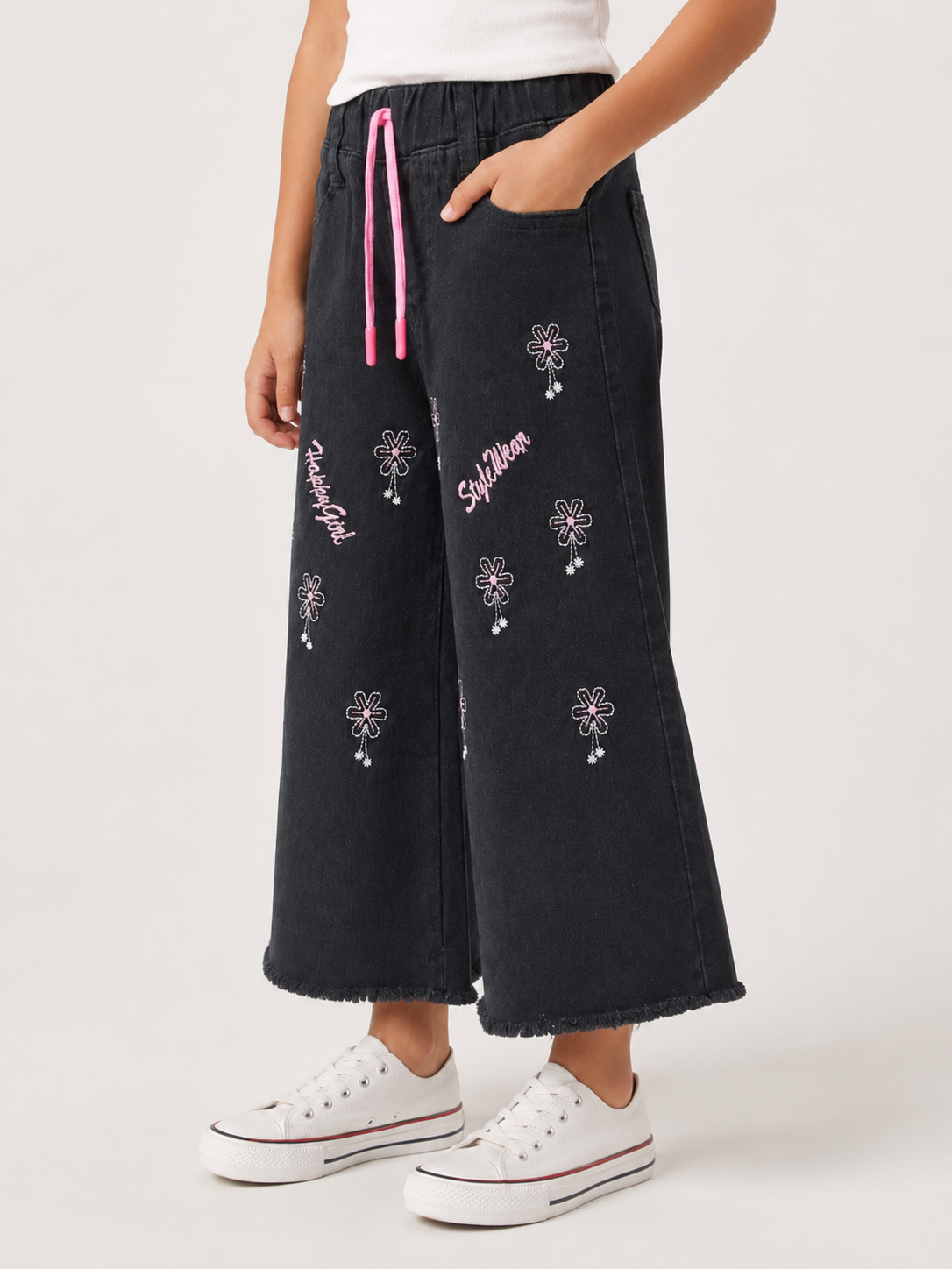 Girls Embroidered Wide-Leg Black Baggy Jeans with Pink Drawstring