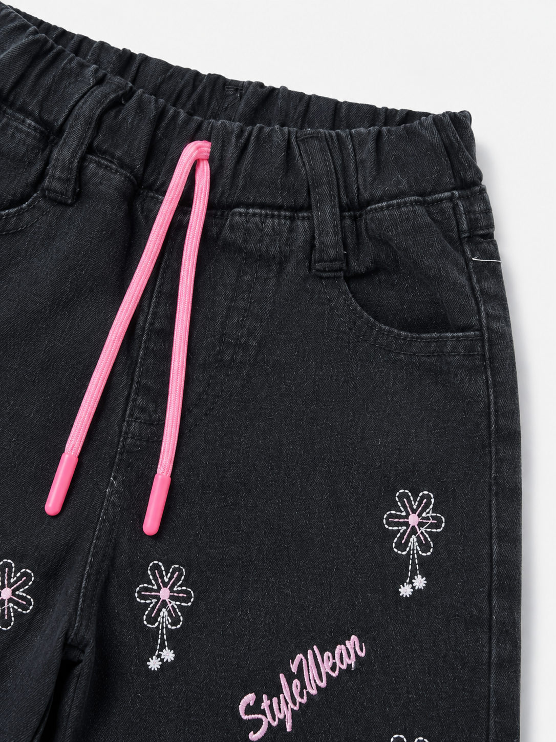 Girls Embroidered Wide-Leg Black Baggy Jeans with Pink Drawstring