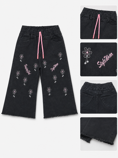 Girls Embroidered Wide-Leg Black Baggy Jeans with Pink Drawstring