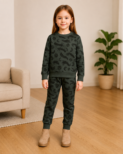 Kids Dark Green Star & Moon Printed Sweatshirt and Trouser Set